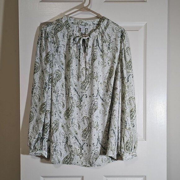 Carolina Belle Semi Sheer Cream And Green Paisley Tie Split Neck Top Plus Size1X - Picture 1 of 7